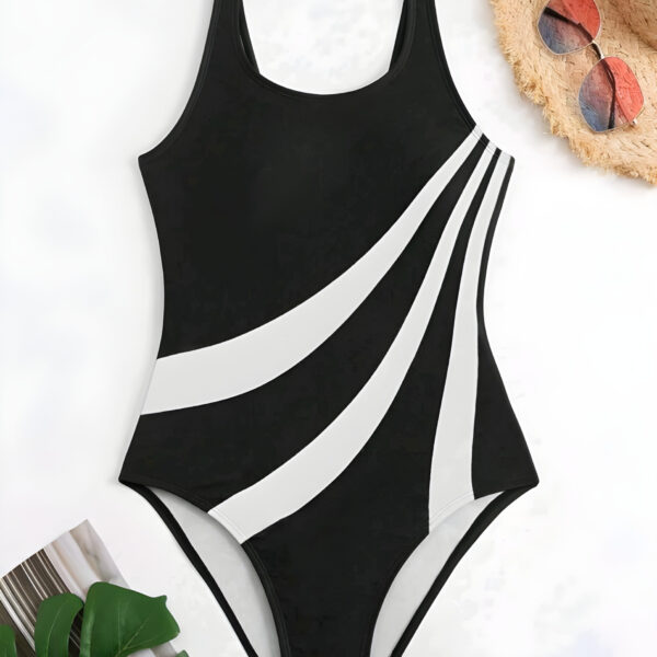 Women Color Block Black & White One Piece Swimsuit  WSW-001