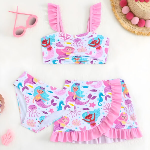 3 Pieces Young Girls Printed Bikini Set With Ruffles,Kids Swimsuits, Kids, KSW-007