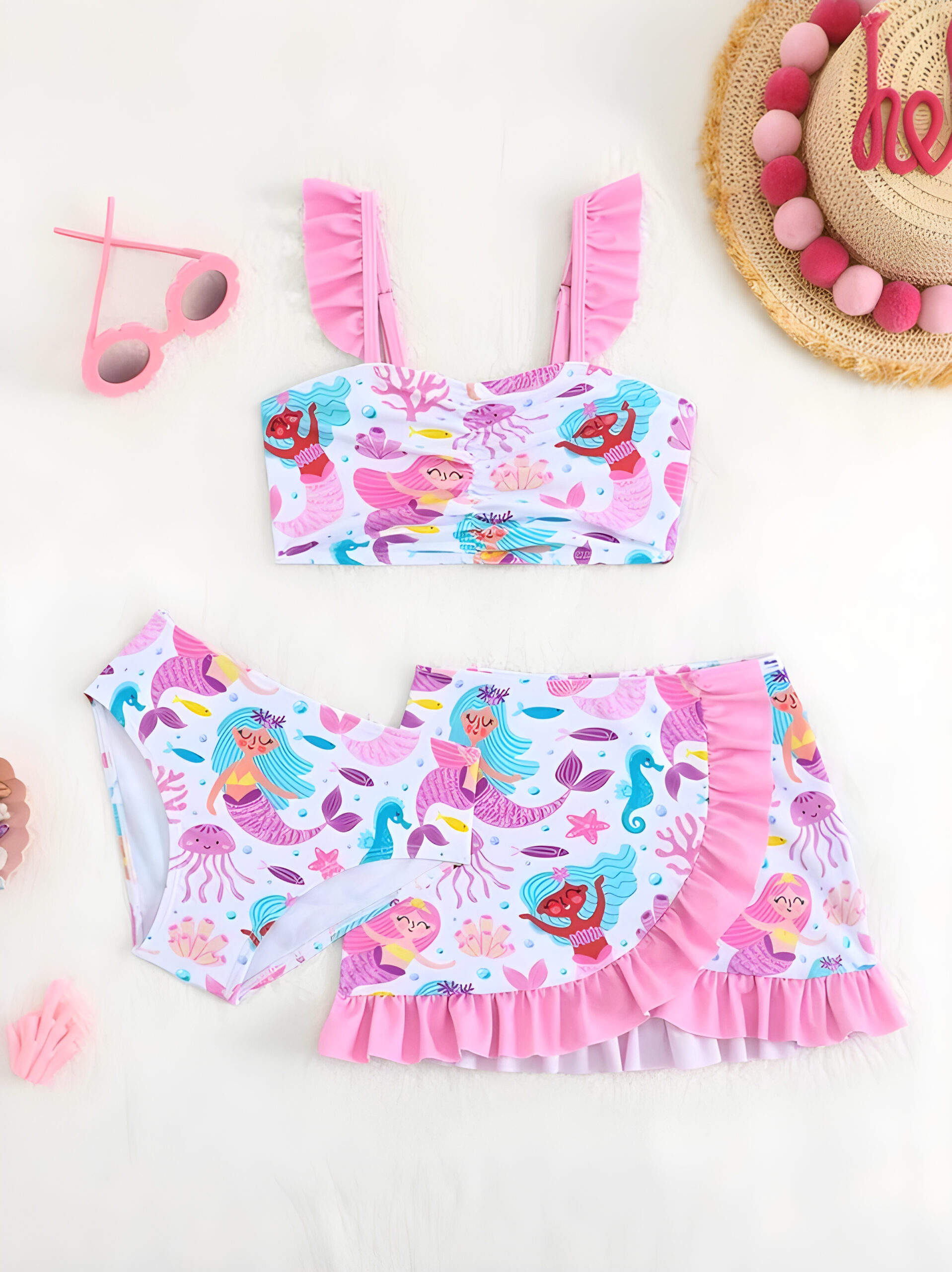 3 Pieces Young Girls Printed Bikini Set With Ruffles,Kids Swimsuits, Kids, KSW-007