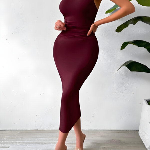 Purgundy Solid Color Ruched Waist Tank Dress, WDR-007