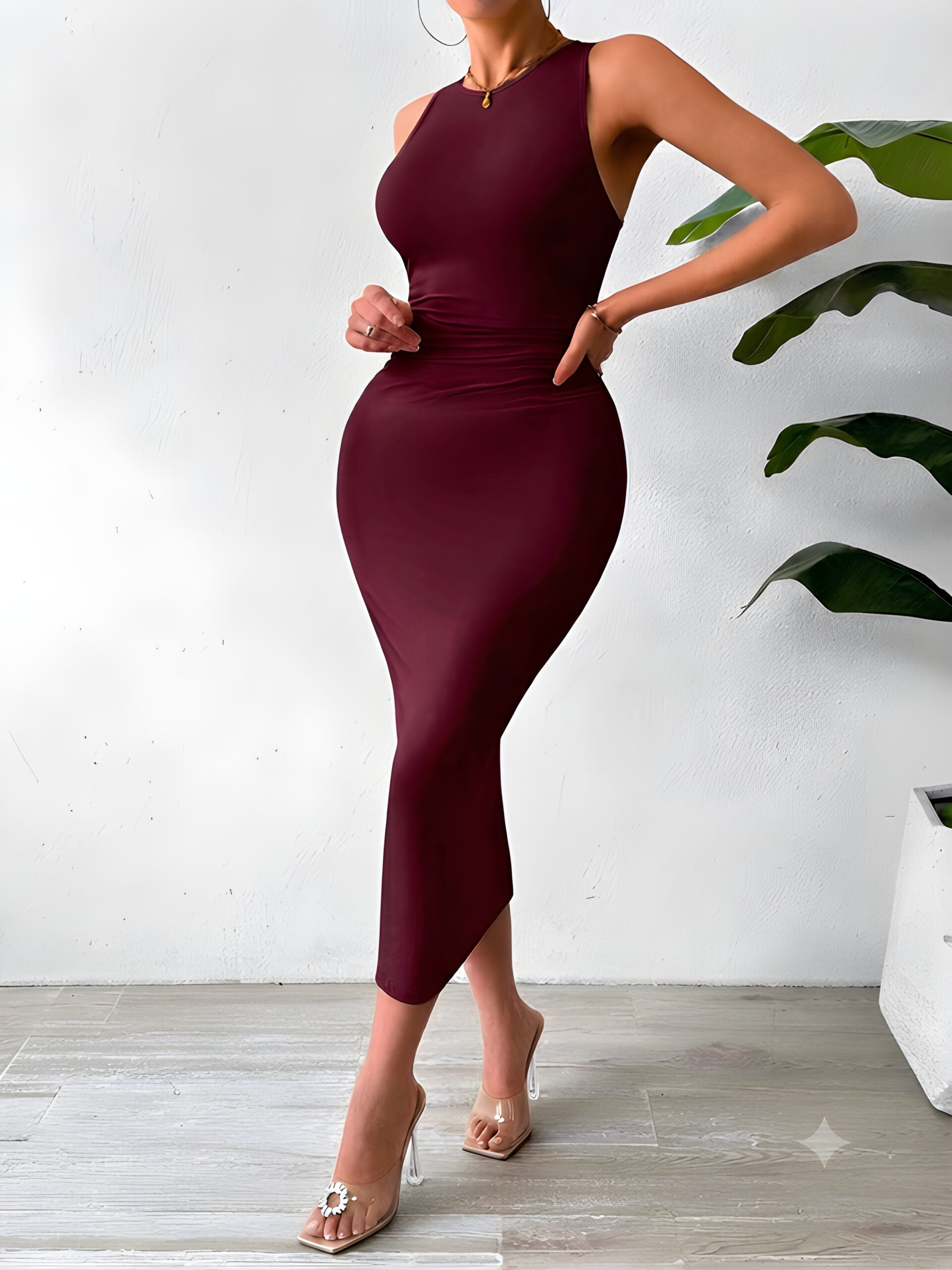 Purgundy Solid Color Ruched Waist Tank Dress, WDR-007