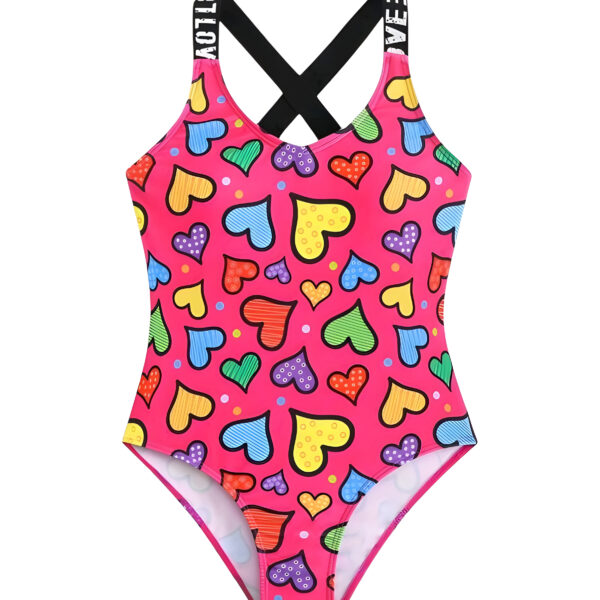 Girls One Piece Swimsuit Quick Dry Heart Red Print, KSW-0022