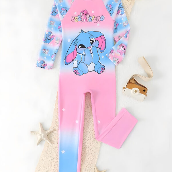 Girls Cartoon Character Stitch Long Sleeve Swimsuit, Long Pants Swimwear Set Kids, KSW-005