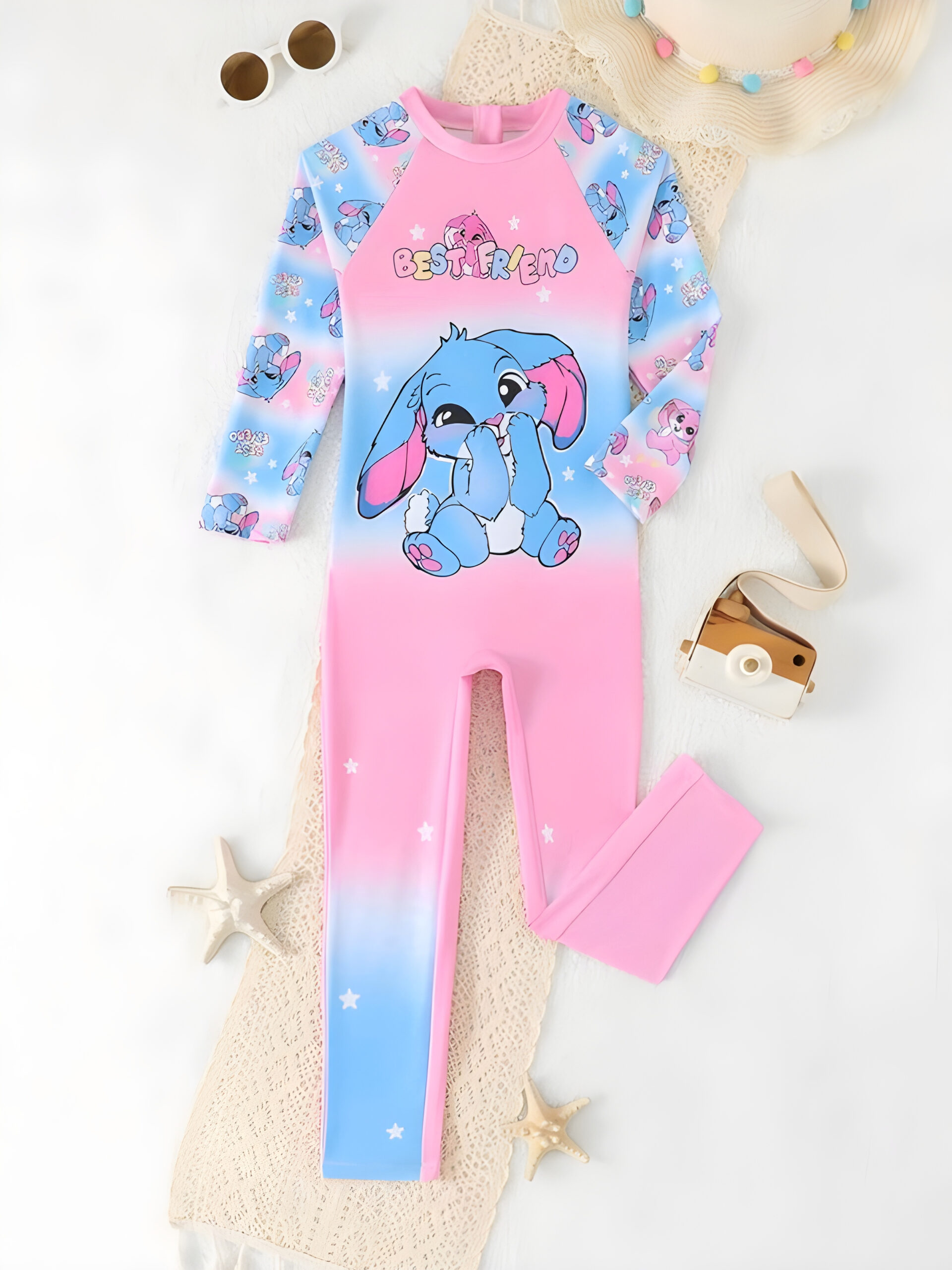 Girls Cartoon Character Stitch Long Sleeve Swimsuit, Long Pants Swimwear Set Kids, KSW-005