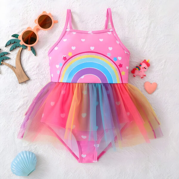 Kids Rainbow Pattern Patchwork Net Yarn One-Piece Swimsuit For Young Girls, Kids, KSW-002