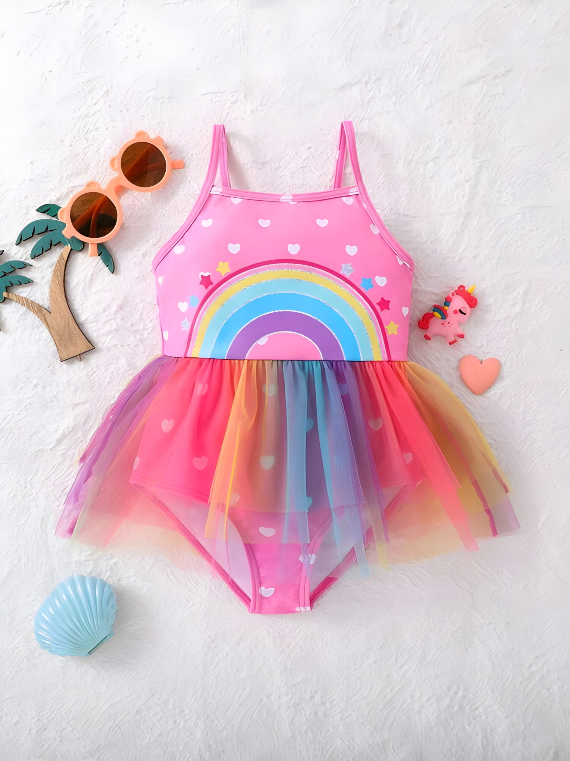 1656cf3c-f6e7-4904-a7aa-be221e3d9d12 Kids Rainbow Pattern Patchwork Net Yarn One-Piece Swimsuit For Young Girls, Kids, KSW-002