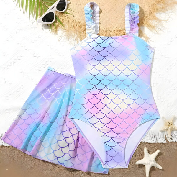 2pcs Tween Girl Fish Scale Print Bikini Swimwear Set Comfy Bathing Suit Kids, KSW-0018