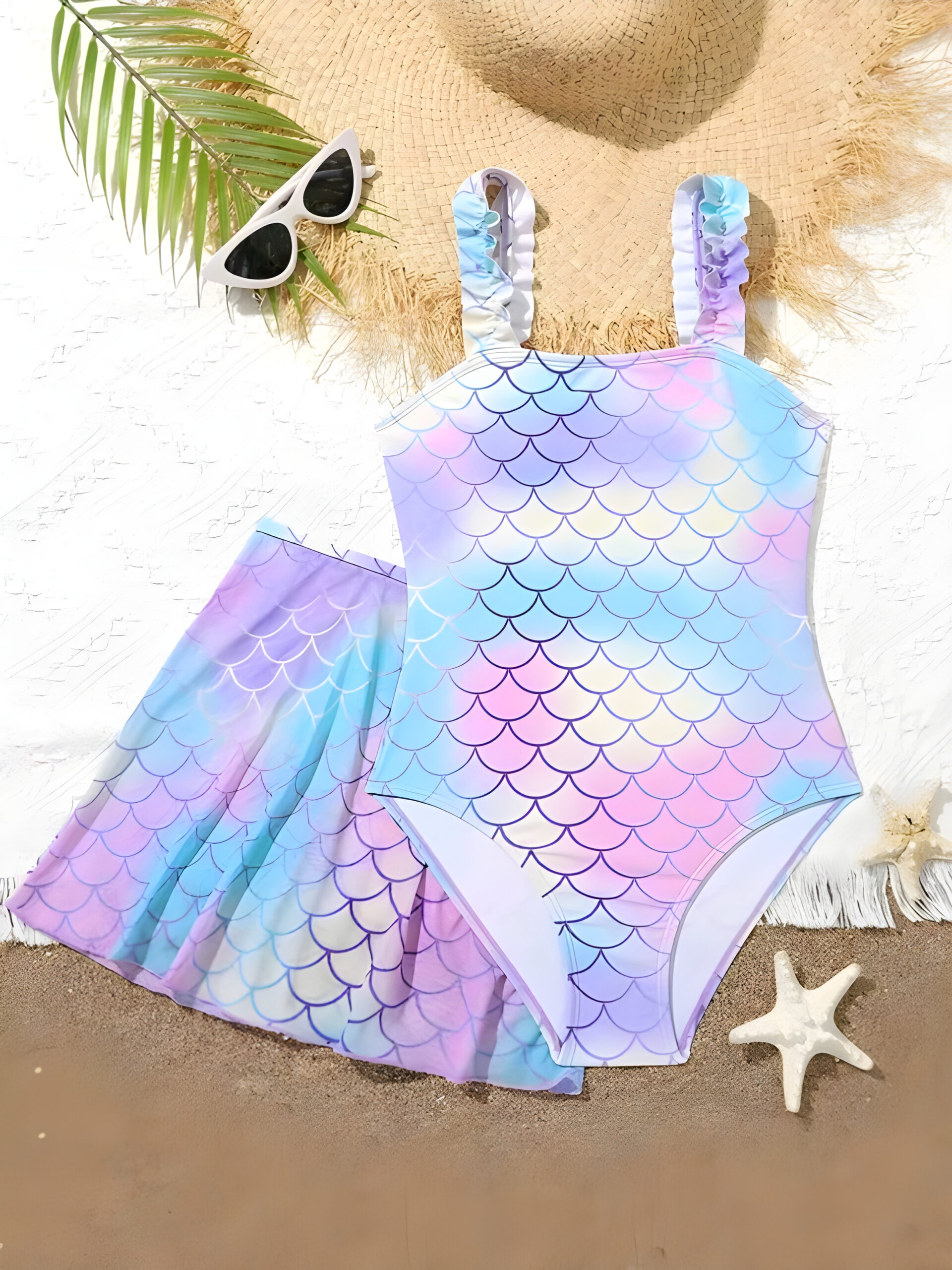 2pcs Tween Girl Fish Scale Print Bikini Swimwear Set Comfy Bathing Suit Kids, KSW-0018