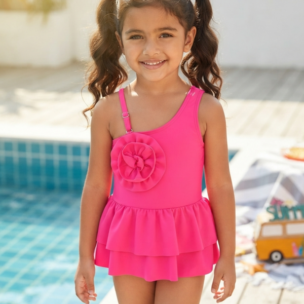 Young Girl Solid Color 3D Flower One-Piece Swimsuit, Kids, KSW-001