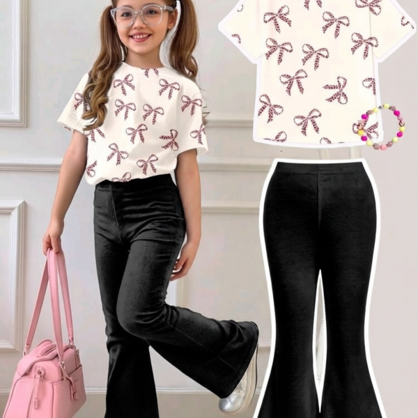 Young Girl Casual Round Neck Short Sleeve Top And Black Pants 2 pics set, KTP-005