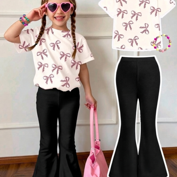 Young Girl Casual Round Neck Short Sleeve Top And Black Pants 2 pics set, KTP-005