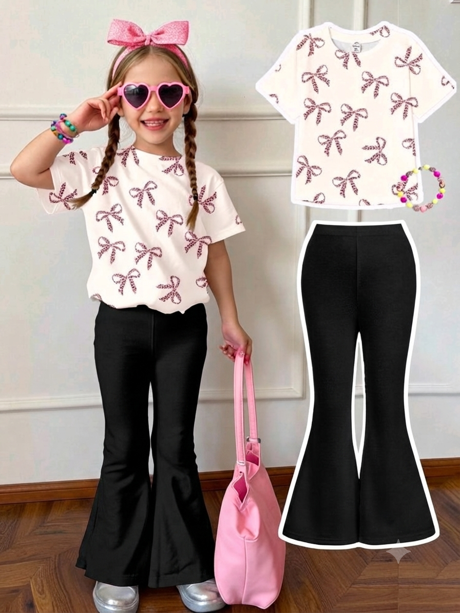 Young Girl Casual Round Neck Short Sleeve Top And Black Pants 2 pics set, KTP-005