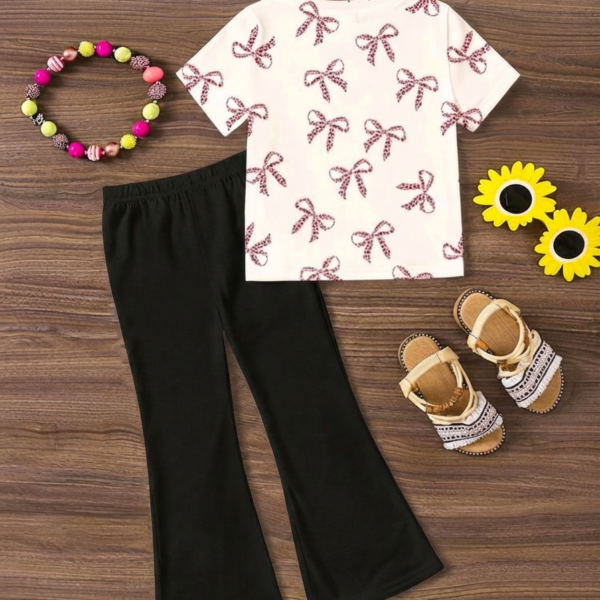 Young Girl Casual Round Neck Short Sleeve Top And Black Pants 2 pics set, KTP-005