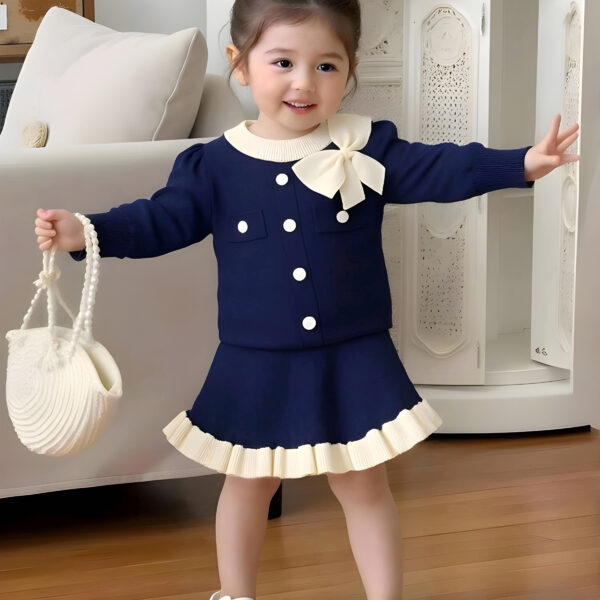 2 Baby Girls' Sweater Sets,Navy Blue And White Long-Sleeve Knit Cardigan & Skirt 2 pics set, KTP-003