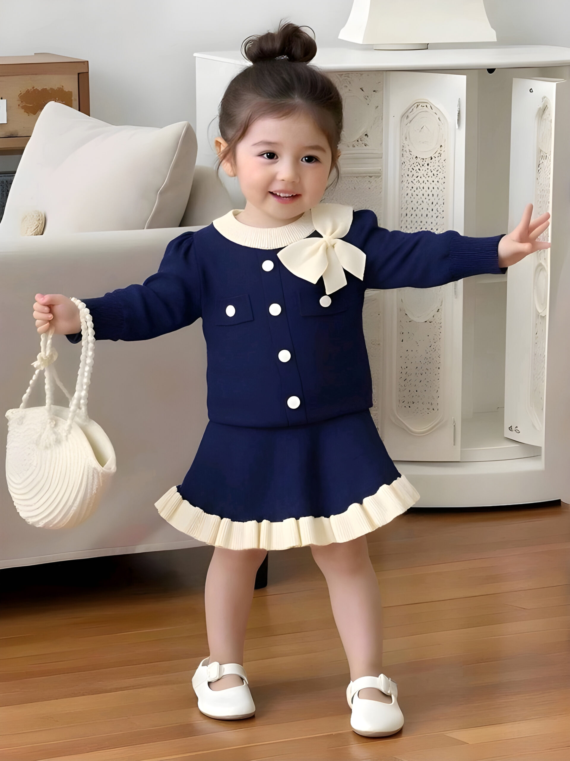2 Baby Girls' Sweater Sets,Navy Blue And White Long-Sleeve Knit Cardigan & Skirt 2 pics set, KTP-003