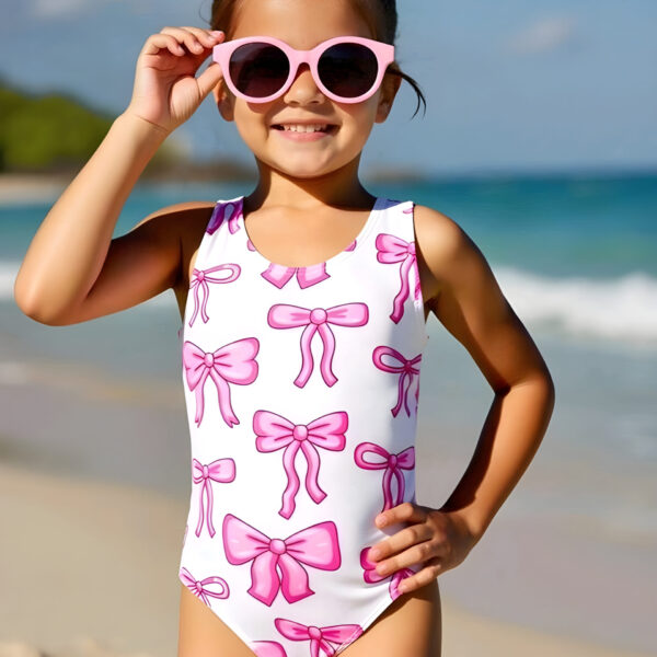 Girls One Piece Swimsuit Quick Dry Pink Bow Print, KSW-0023