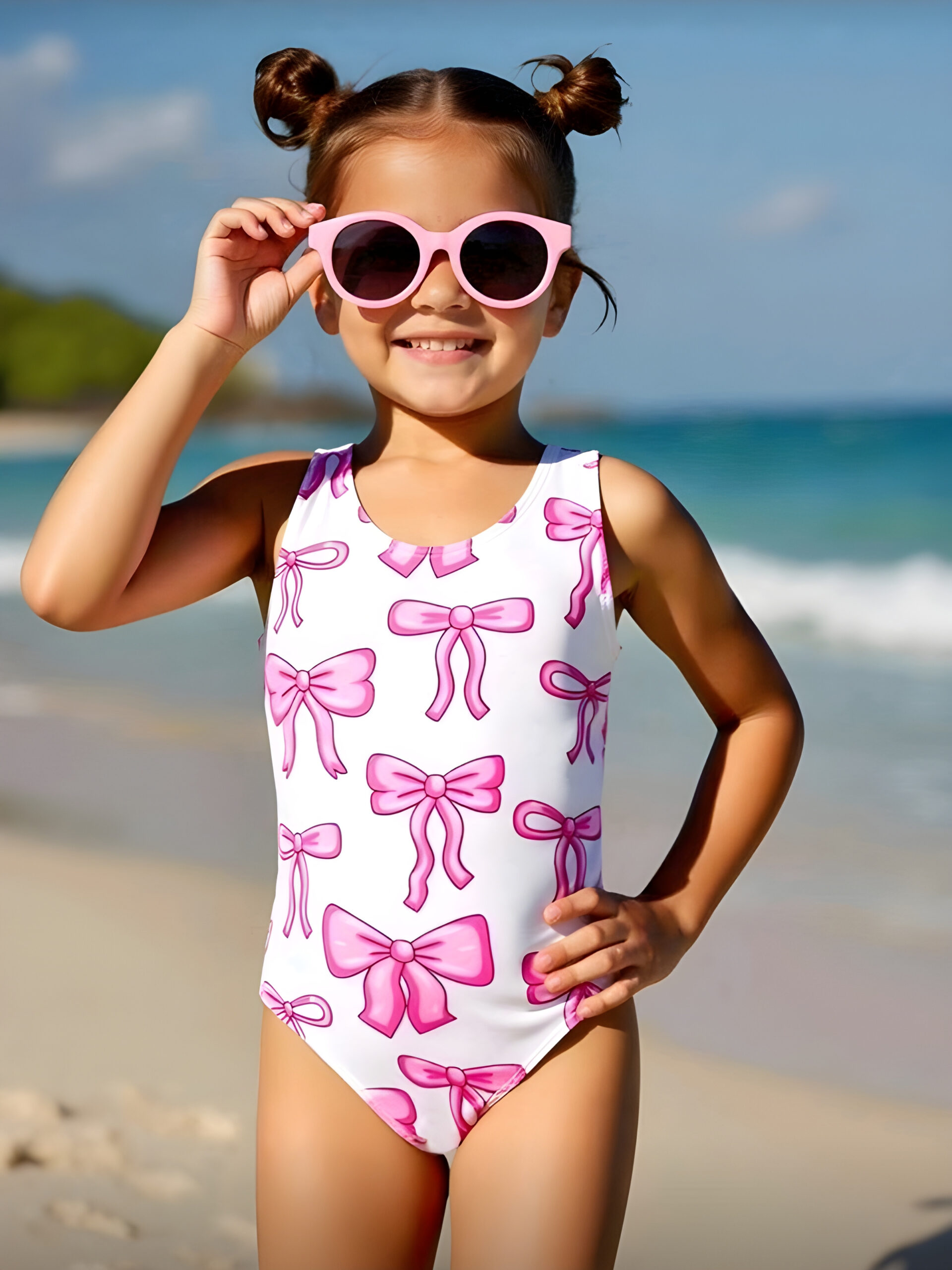 Girls One Piece Swimsuit Quick Dry Pink Bow Print, KSW-0023