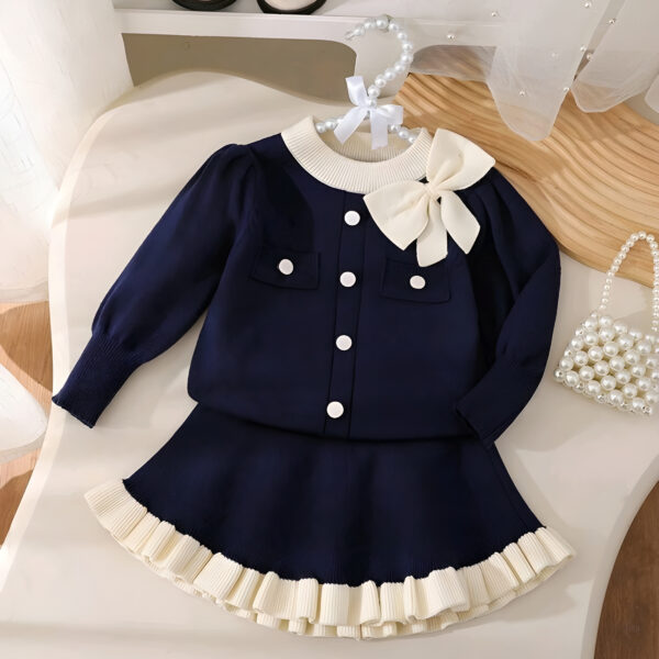 3 Baby Girls' Sweater Sets,Navy Blue And White Long-Sleeve Knit Cardigan & Skirt 2 pics set, KTP-003