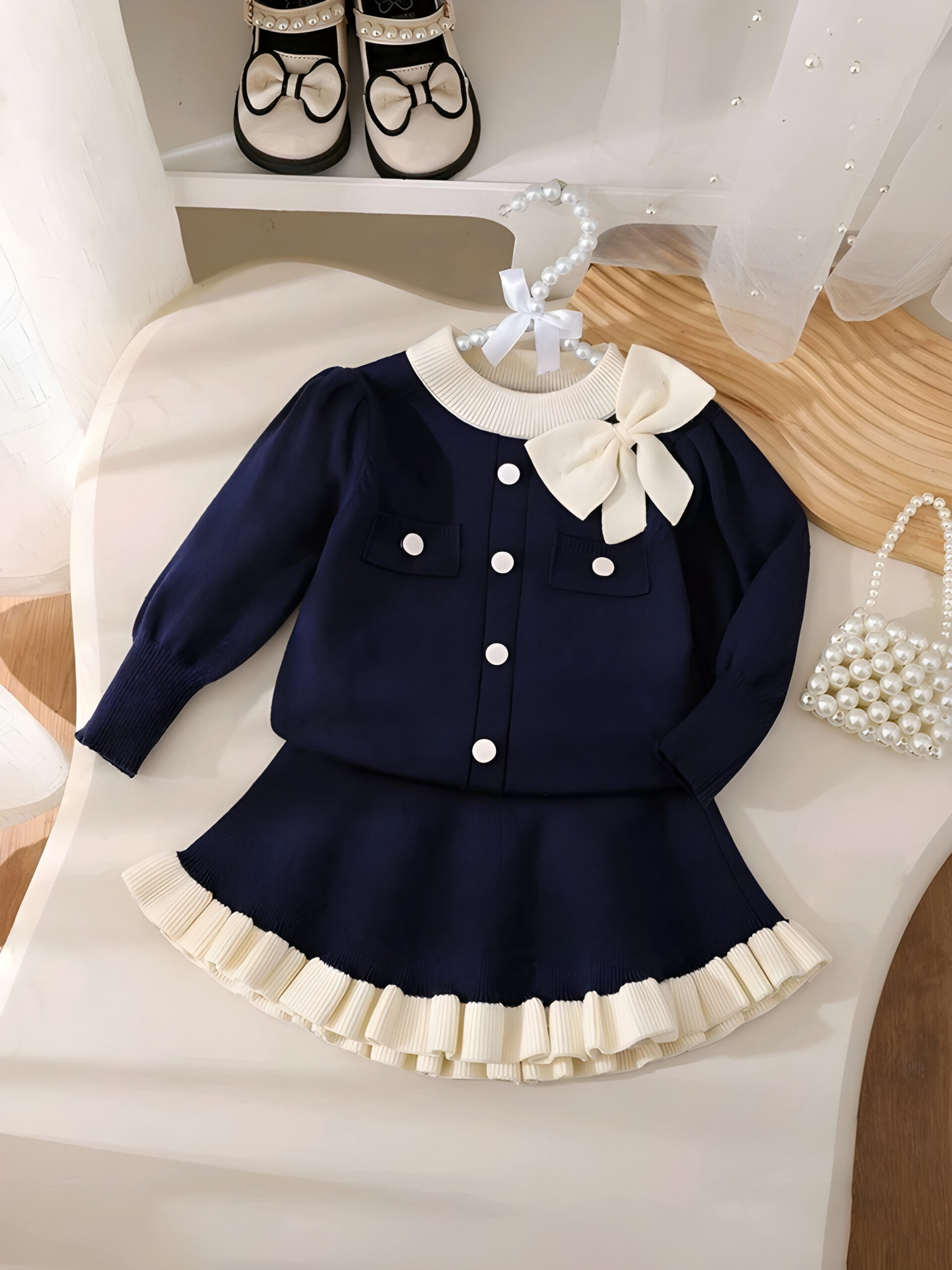 3 Baby Girls' Sweater Sets,Navy Blue And White Long-Sleeve Knit Cardigan & Skirt 2 pics set, KTP-003