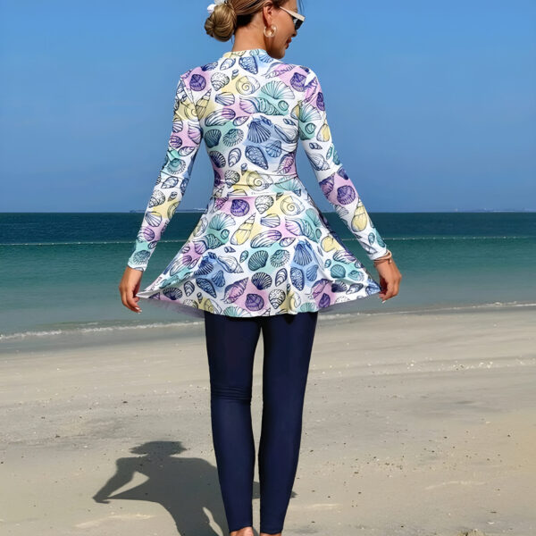 Swim Shayni 2 Pieces Women Set Tropical Shell Print Long Sleeve Mock Neck Top & Pants, WSW-007