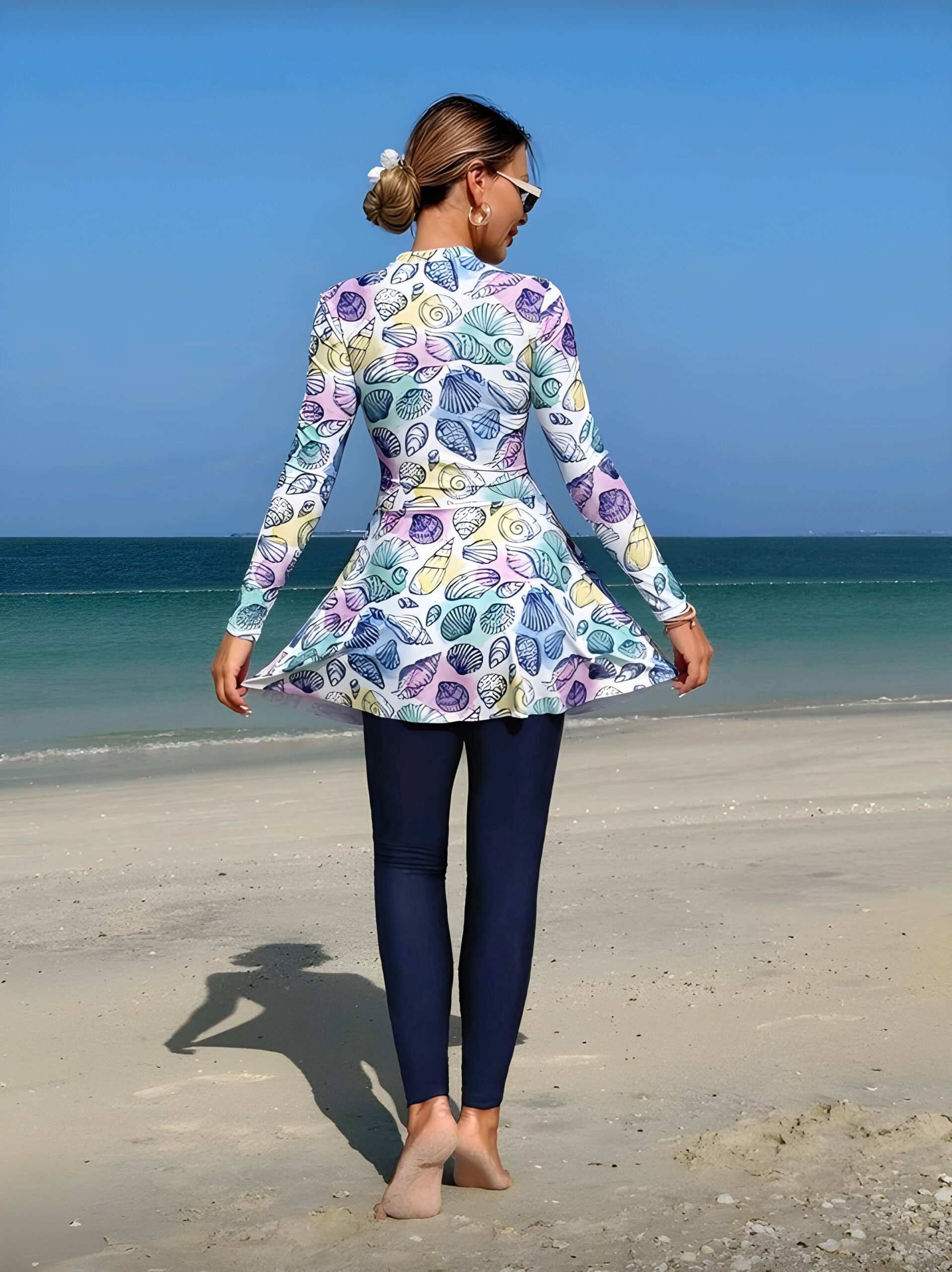Swim Shayni 2 Pieces Women Set Tropical Shell Print Long Sleeve Mock Neck Top & Pants, WSW-007
