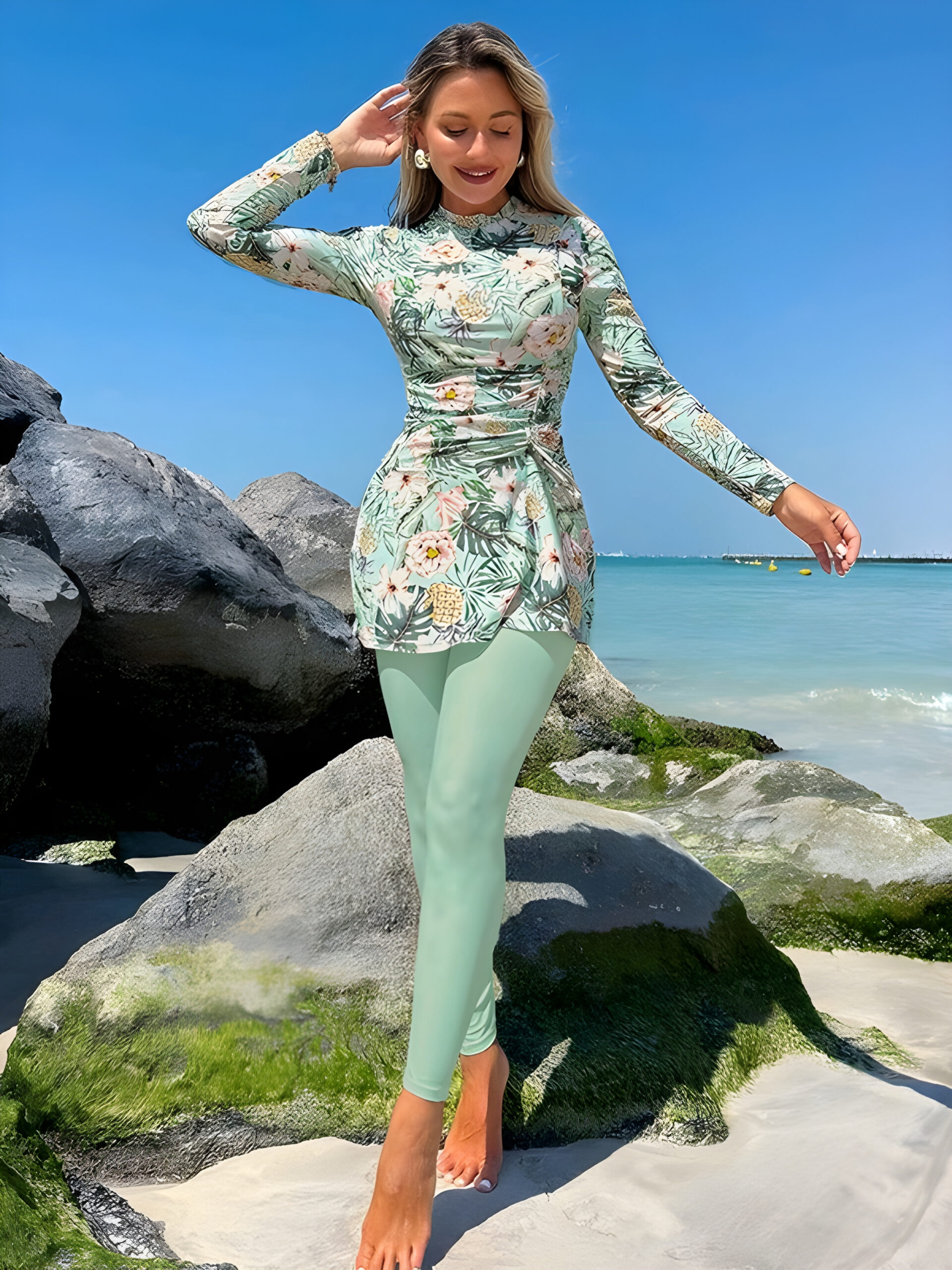33b33eb8-e19e-4086-811d-8831c1ce632f 2pcs/Set Women Tropical Plant & Flower Pattern Tight Casual Long Sleeve Beach Burkini Set WSW-009