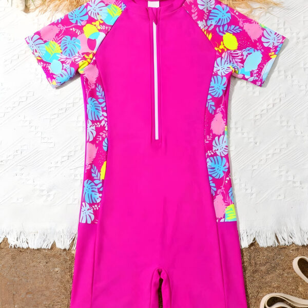 Sparklyn Tween Girls' Tropical Plant Print Shoulder Zipper Half Placket One-Piece Swimsuit With Shorts , Kids, KSW-0010
