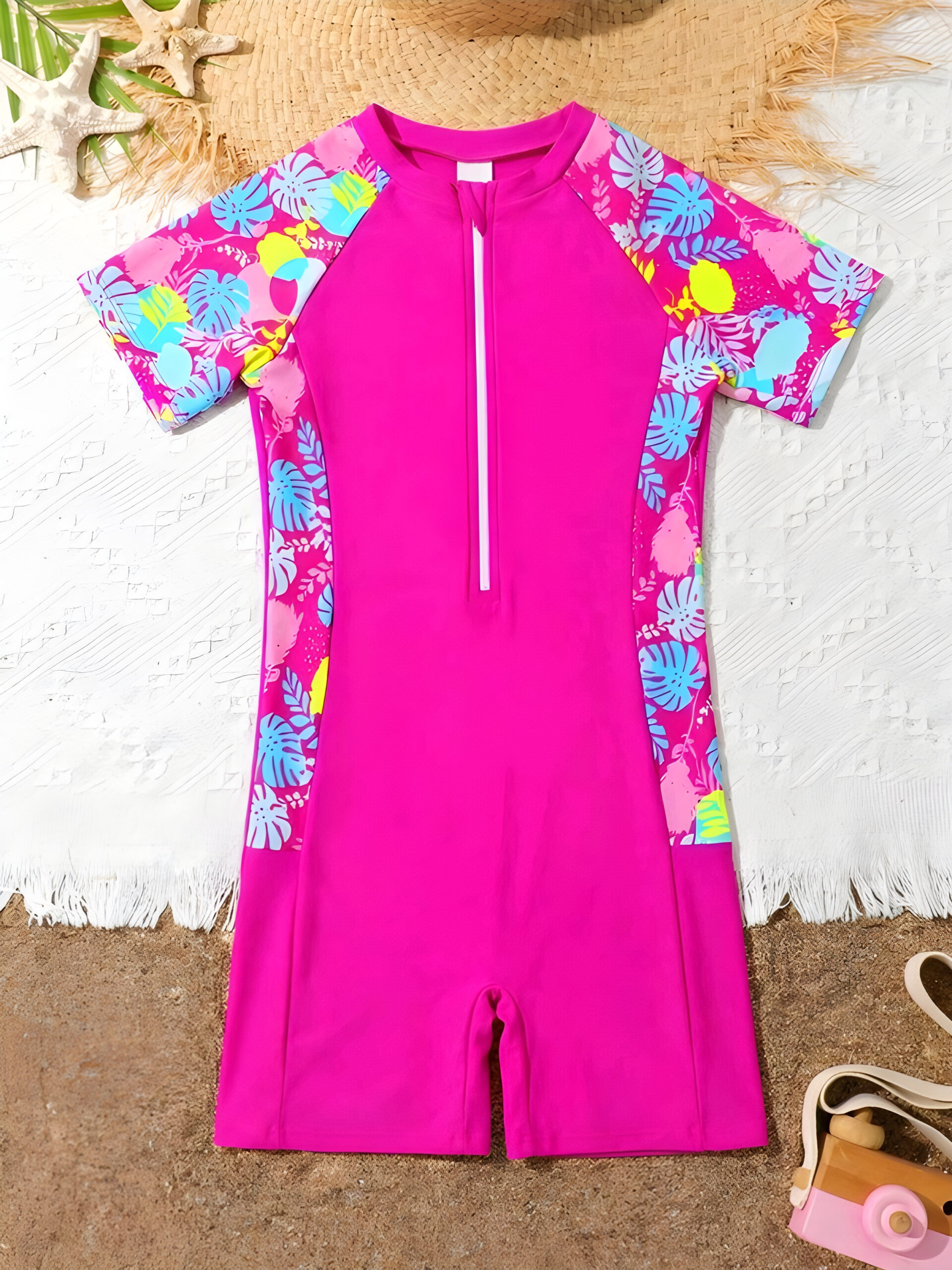 35413b60-b1bc-4faf-a916-92cac6344ded Sparklyn Tween Girls' Tropical Plant Print Shoulder Zipper Half Placket One-Piece Swimsuit With Shorts , Kids, KSW-0010