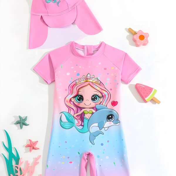 Young Girl One-Piece Swimsuit With Printed Design And Free Cap Swimwear, Kids, KSW-006