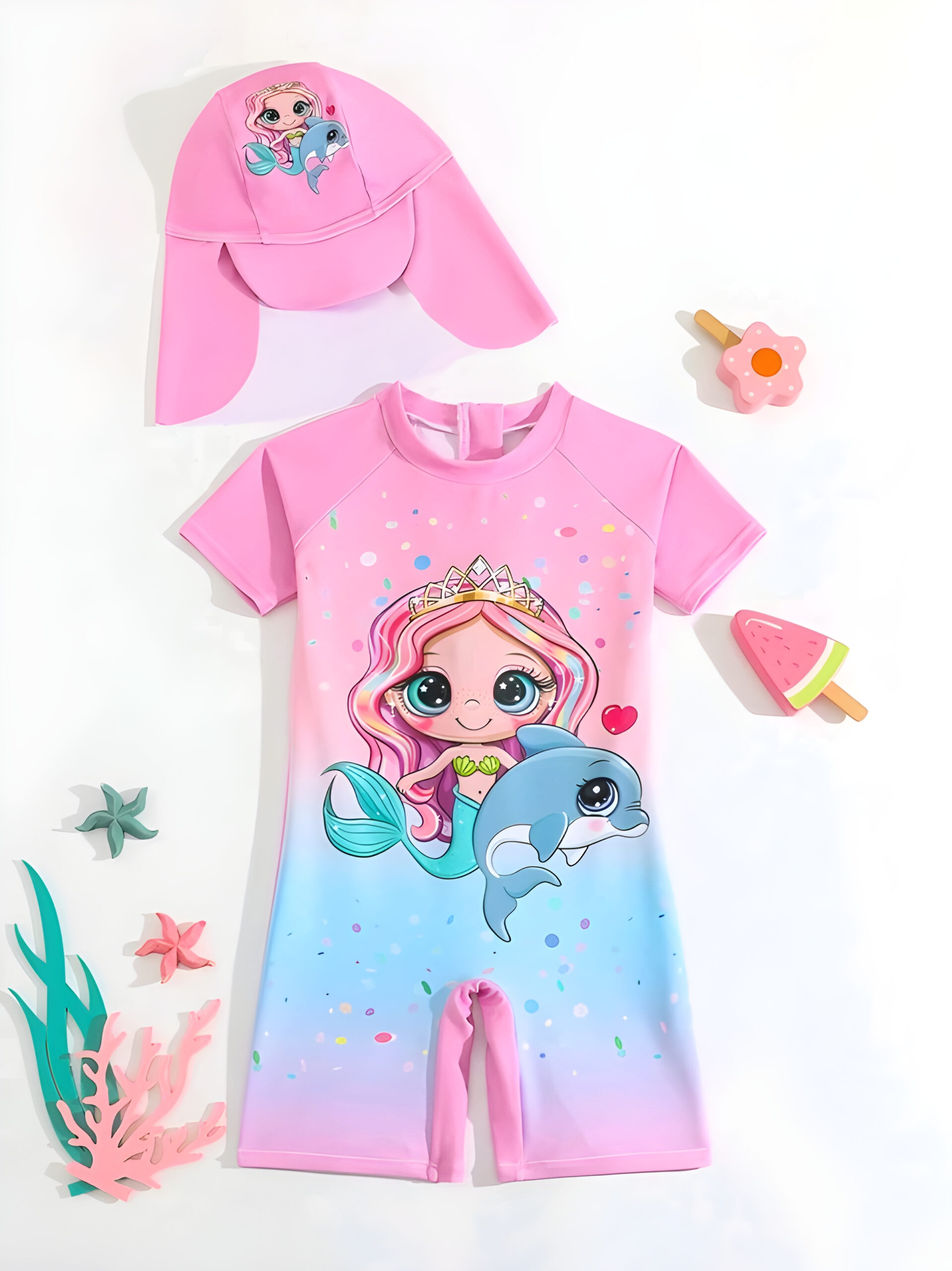 Young Girl One-Piece Swimsuit With Printed Design And Free Cap Swimwear, Kids, KSW-006