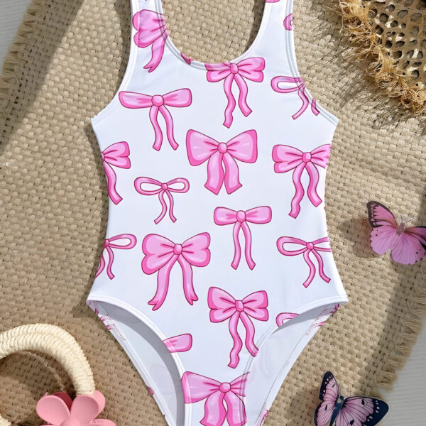 Girls One Piece Swimsuit Quick Dry Pink Bow Print, KSW-0023