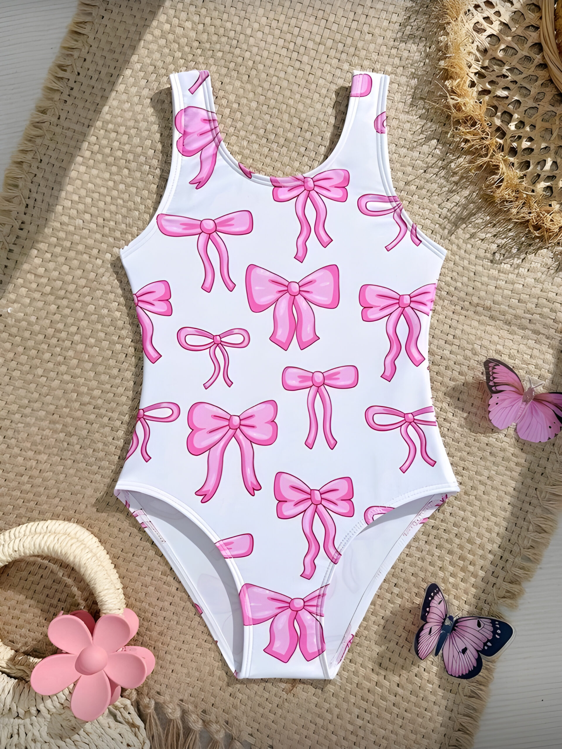 Girls One Piece Swimsuit Quick Dry Pink Bow Print, KSW-0023