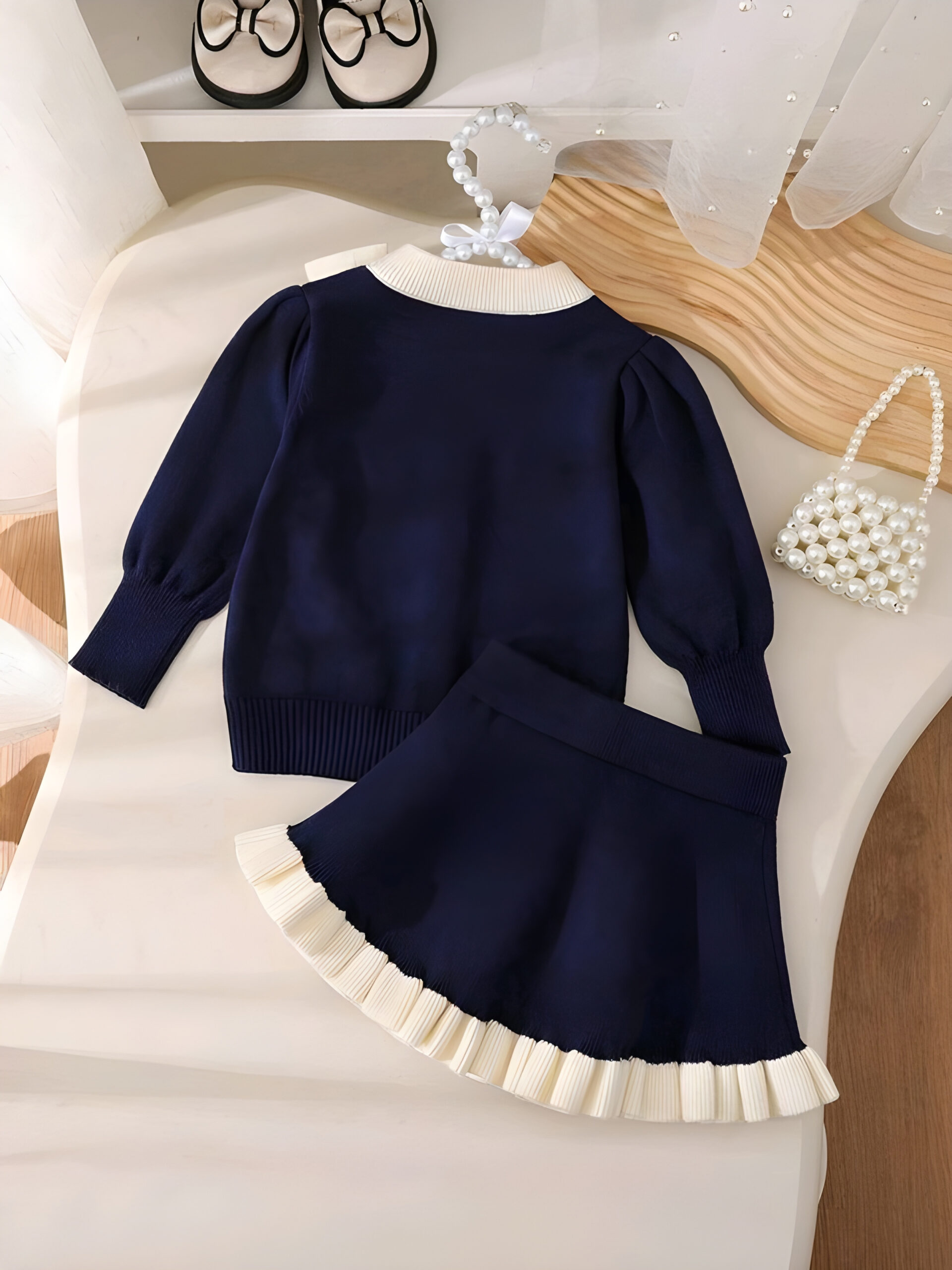 4 Baby Girls' Sweater Sets,Navy Blue And White Long-Sleeve Knit Cardigan & Skirt 2 pics set, KTP-003