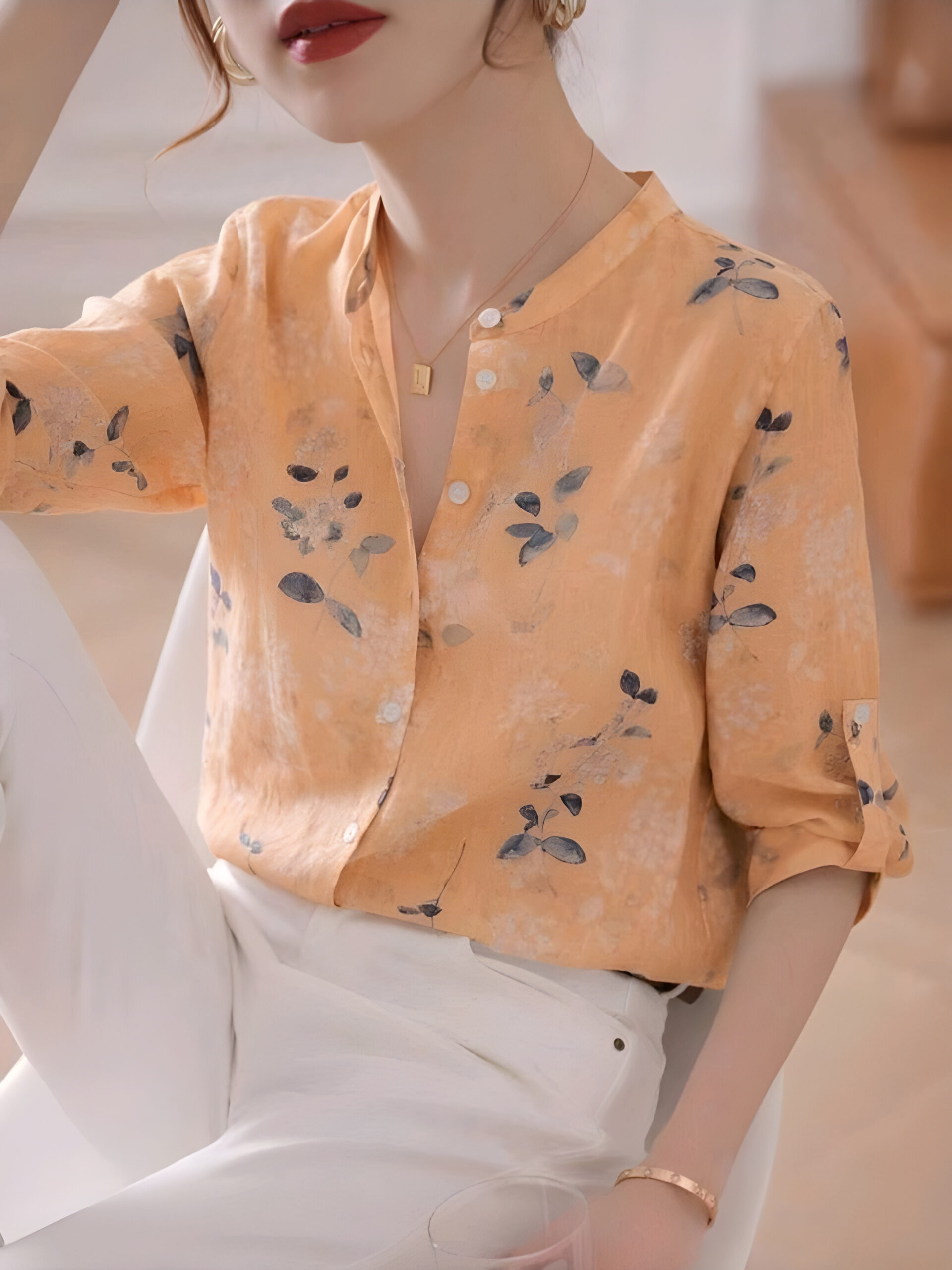 Floral Stand Collar 3/4 Sleeve Blouse, Summer, WTP-003
