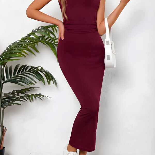 Purgundy Solid Color Ruched Waist Tank Dress, WDR-007