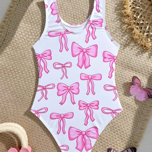 Girls One Piece Swimsuit Quick Dry Pink Bow Print, KSW-0023