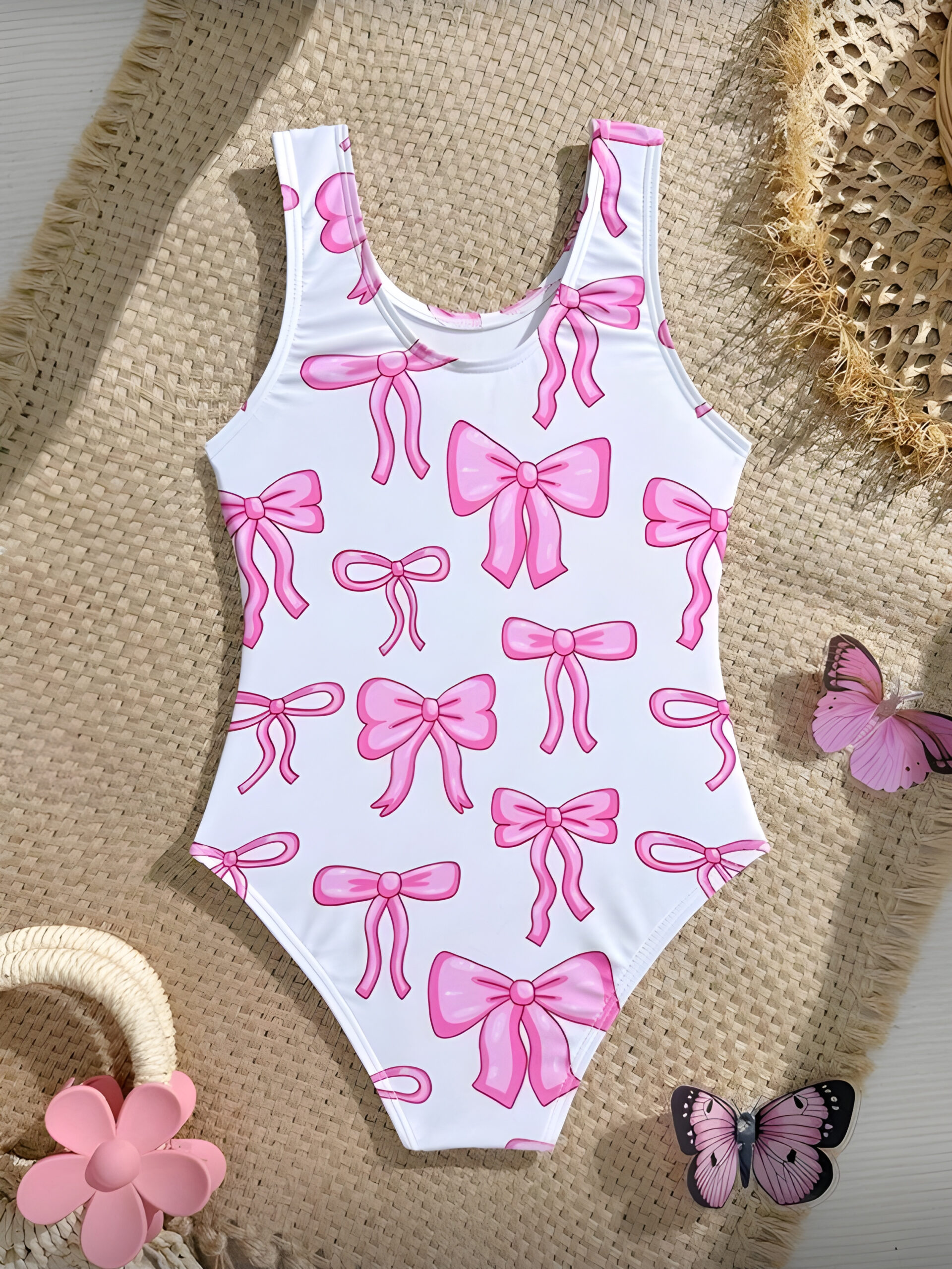 Girls One Piece Swimsuit Quick Dry Pink Bow Print, KSW-0023