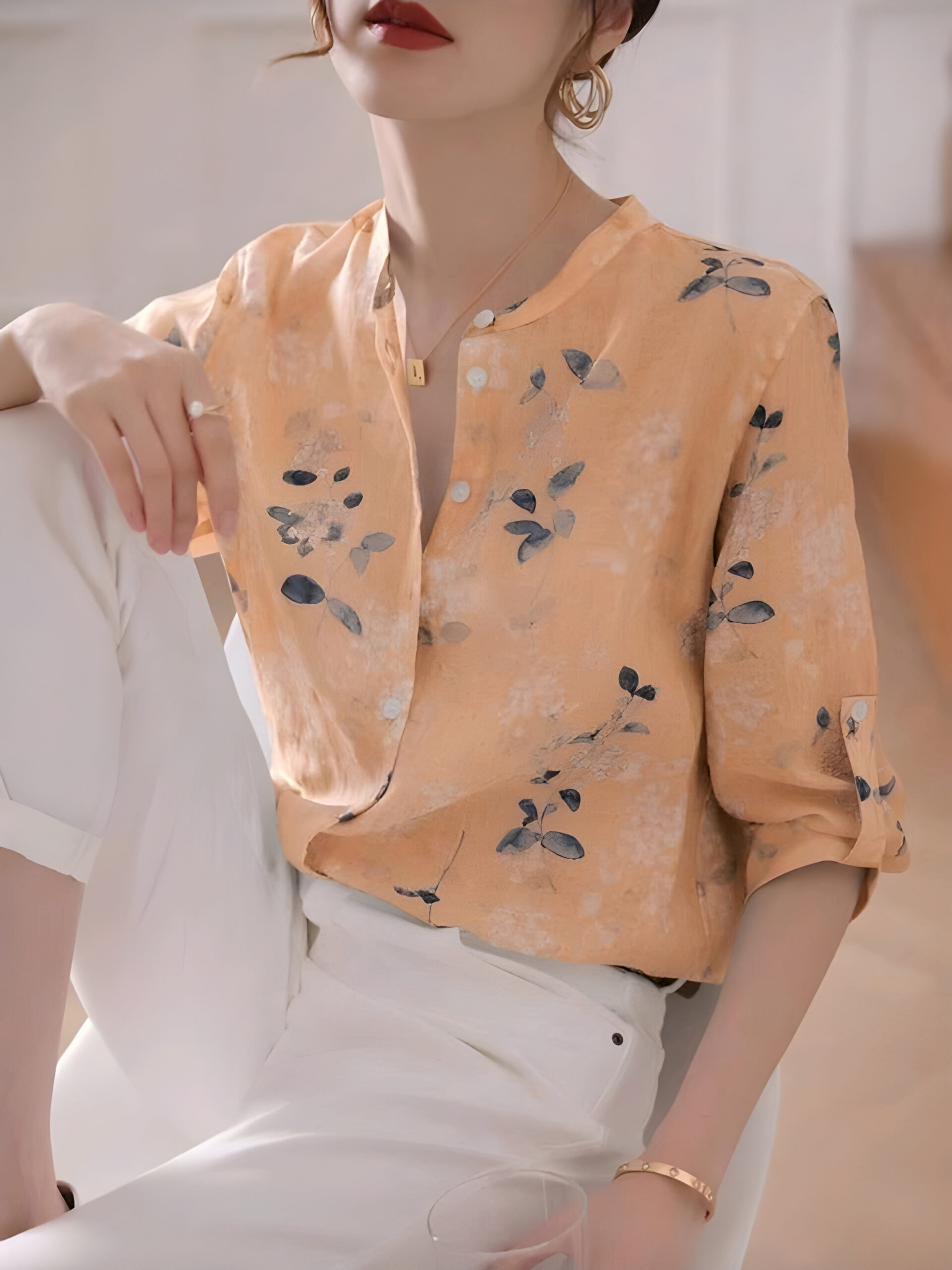 Floral Stand Collar 3/4 Sleeve Blouse, Summer, WTP-003