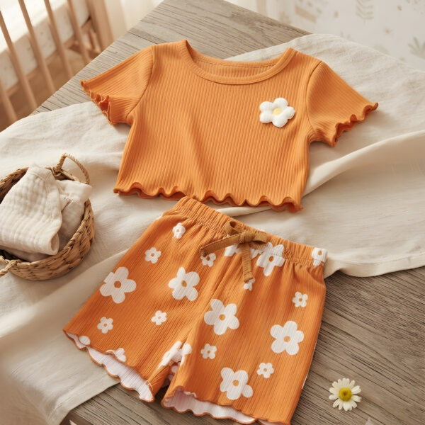 Kids 2pcs Baby Girl Knitted Striped Round Neck T-Shirt And Shorts Set, KTP-002