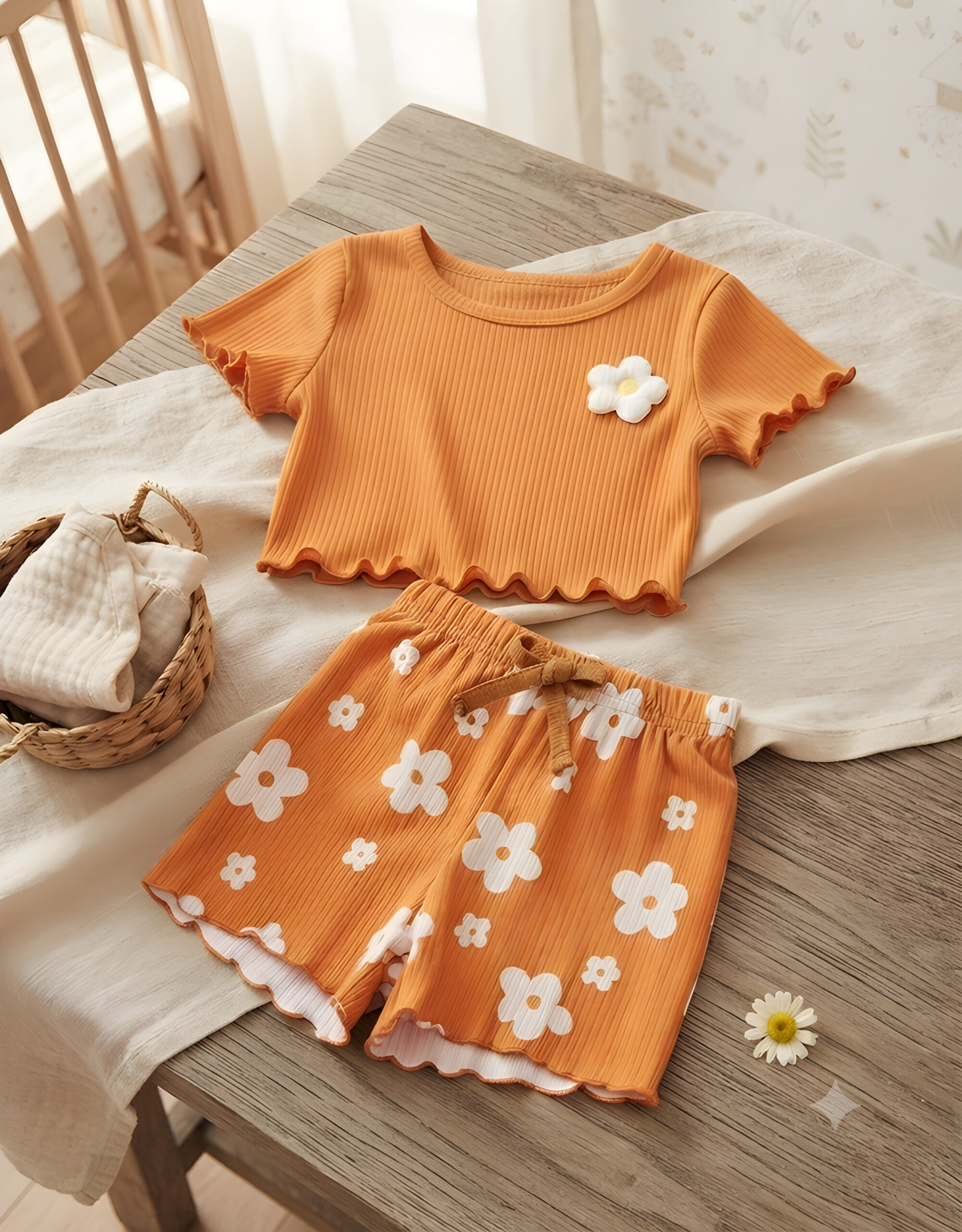 5ad461c3-9db0-4867-89c2-a01e26c78eb5 Kids 2pcs Baby Girl Knitted Striped Round Neck T-Shirt And Shorts Set, KTP-002