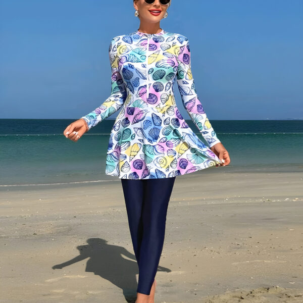 Swim Shayni 2 Pieces Women Set Tropical Shell Print Long Sleeve Mock Neck Top & Pants, WSW-007