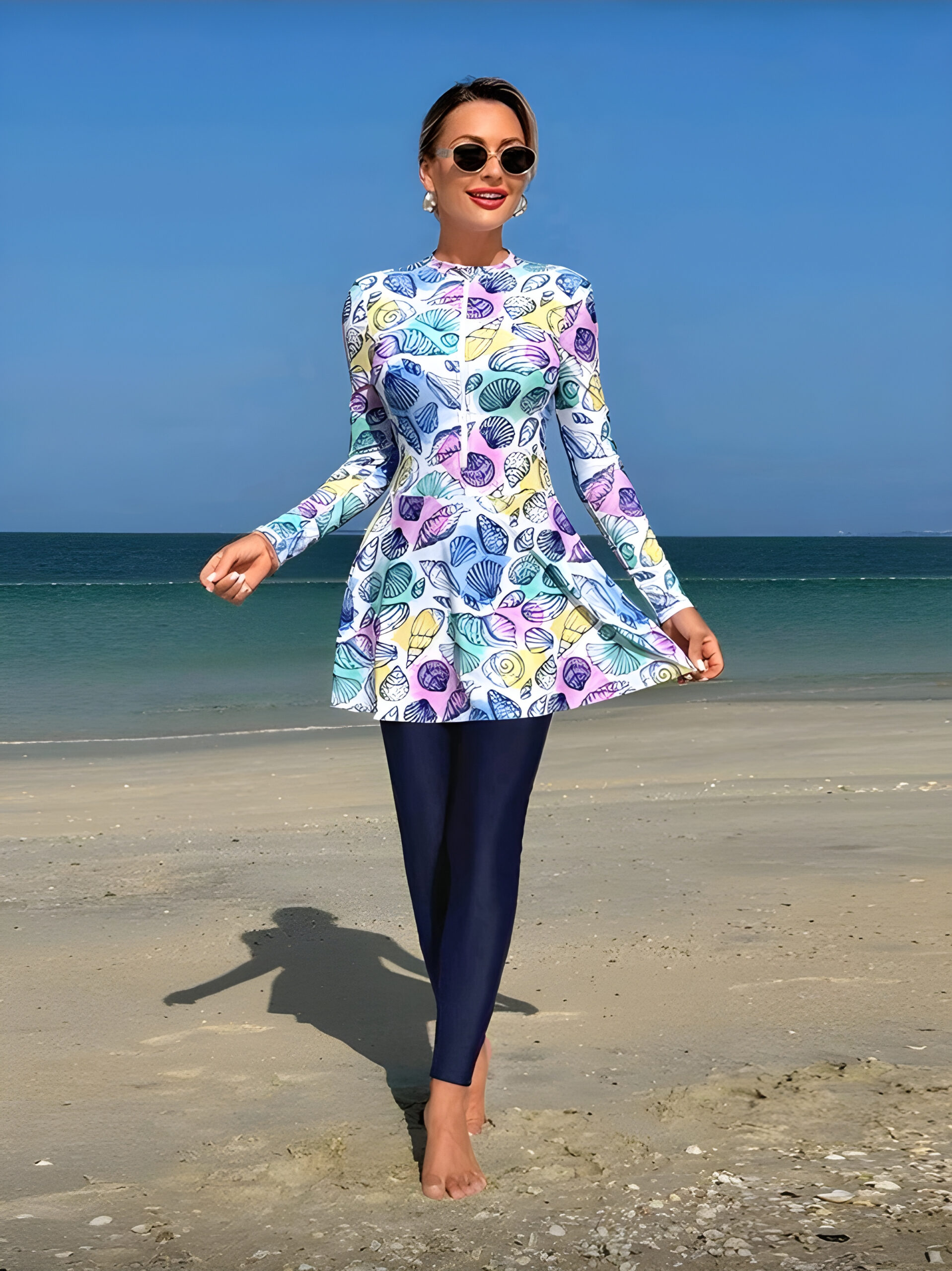 Swim Shayni 2 Pieces Women Set Tropical Shell Print Long Sleeve Mock Neck Top & Pants, WSW-007