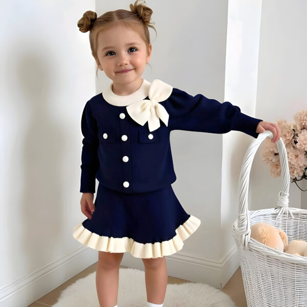 6 Baby Girls' Sweater Sets,Navy Blue And White Long-Sleeve Knit Cardigan & Skirt 2 pics set, KTP-003