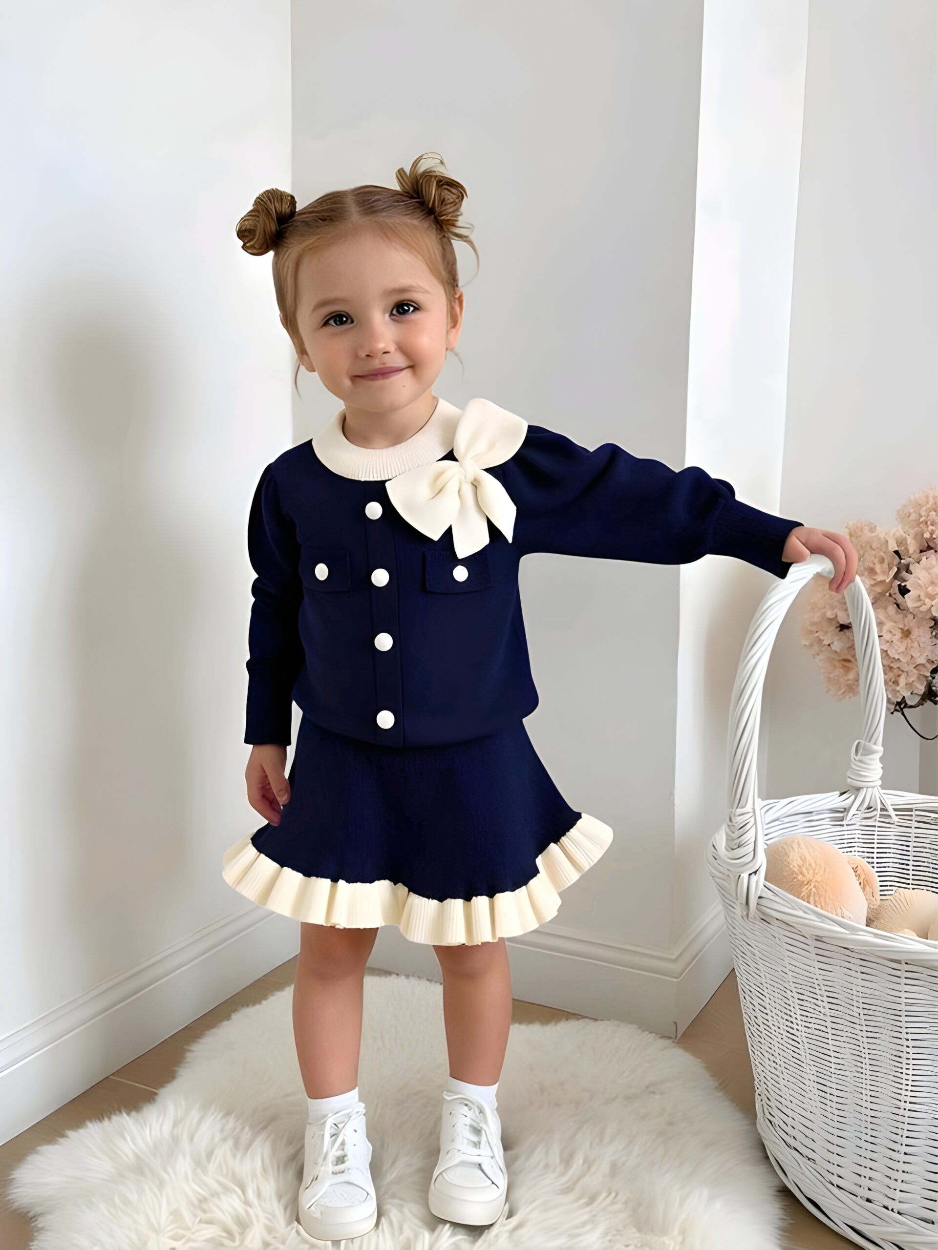 6 Baby Girls' Sweater Sets,Navy Blue And White Long-Sleeve Knit Cardigan & Skirt 2 pics set, KTP-003