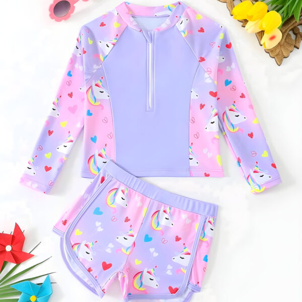 Young Girls Long Sleeve Rash Guard Swimsuits,2 Pieces Unicorn Floral Print , Kids, KSW-0015