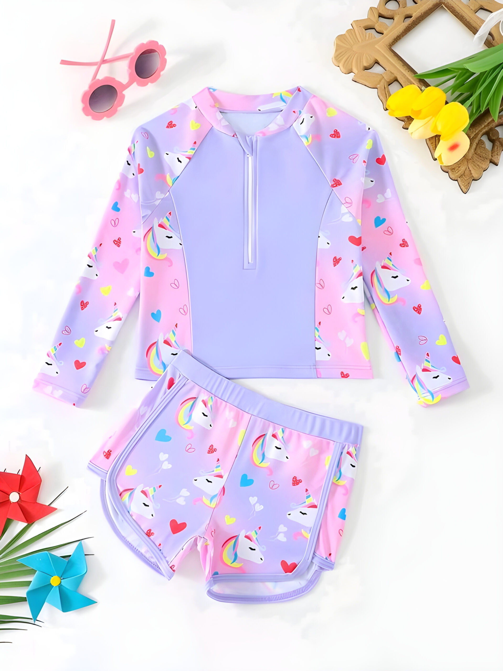 Young Girls Long Sleeve Rash Guard Swimsuits,2 Pieces Unicorn Floral Print , Kids, KSW-0015