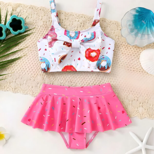 Kids 2pcs/Set Toddler Young Girl Donut Print Bow Decor Tankini Swimwear, Kids, KSW-003