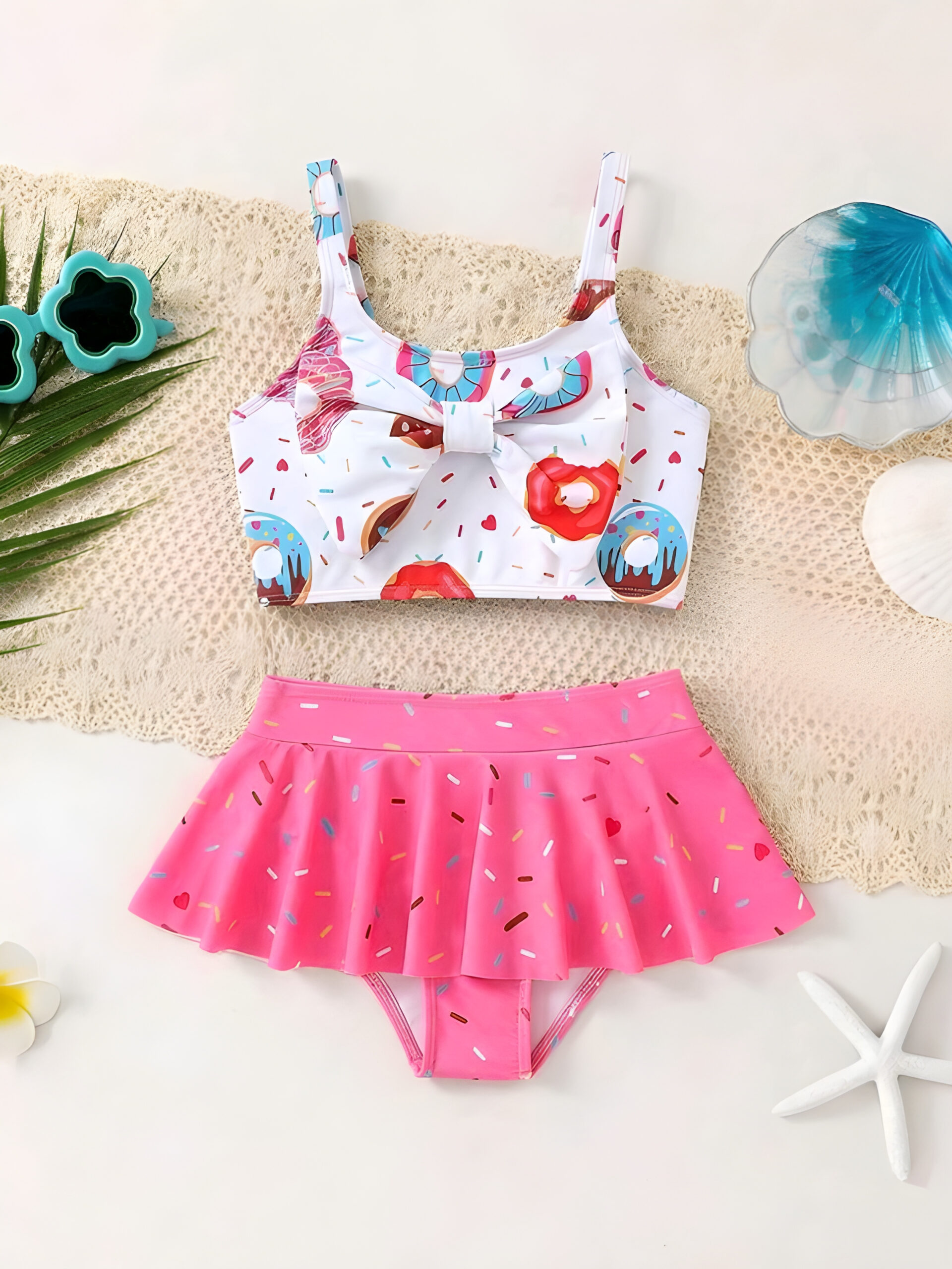 6137435b-291a-4a84-83bd-54782da7b3c7 Kids 2pcs/Set Toddler Young Girl Donut Print Bow Decor Tankini Swimwear, Kids, KSW-003