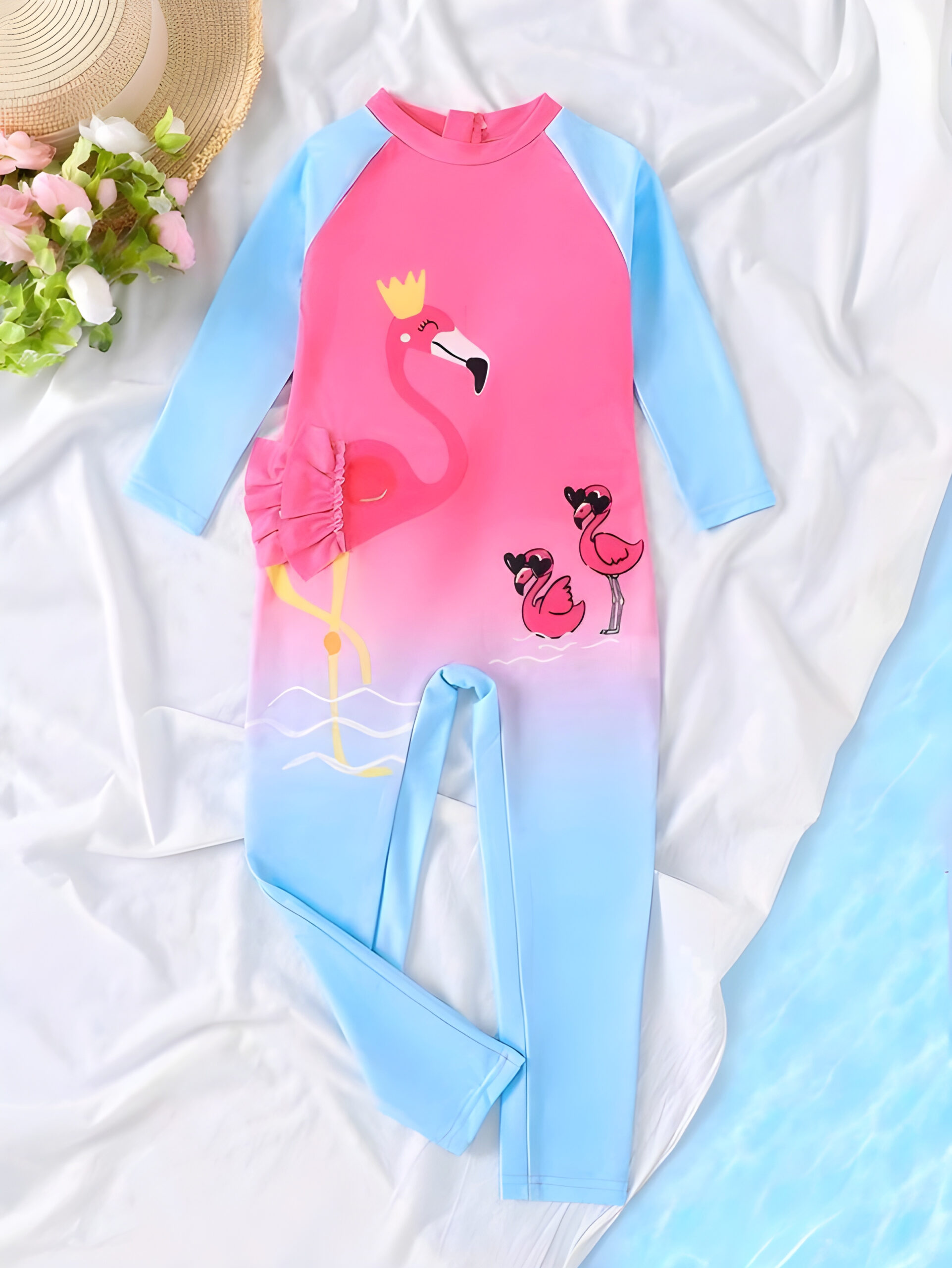 639a0855-4d2c-4307-a197-d3b3e9168262 Young Girls Color Pink & Blue, Crown, Flamingo, Sleeve One-Piece Jumpsuit, KSW-0012