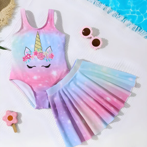 Young Girl Unicorn Print 3-Piece Swimsuit Set: One-Piece Swimsuit + Cover Up Skirt, Kids, KSW-0013